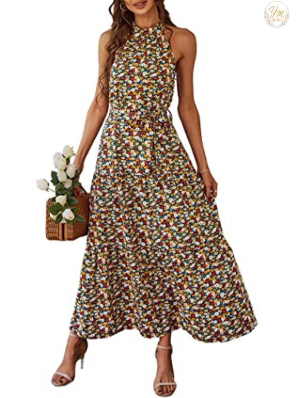 Women's Floral Halter Maxi Dress Sleeveless Boho Ruffle Empire Waist Beach